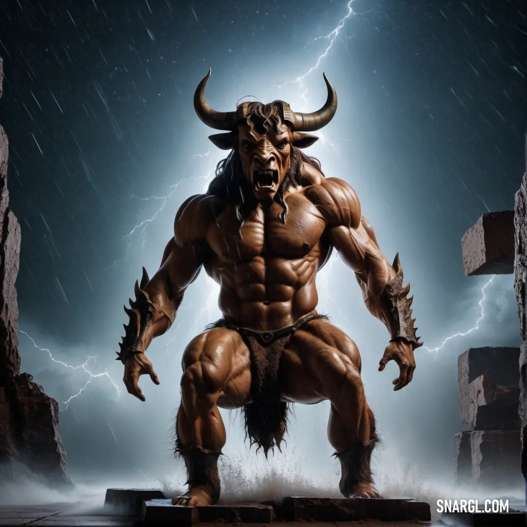 Minotaur with a horned head and horns standing in front of a lightning storm with his hands in his pockets