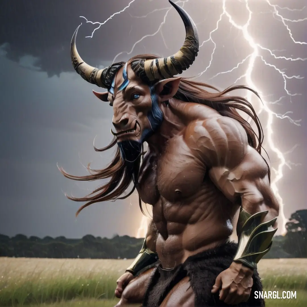 Minotaur with a horned head and horns standing in a field under a lightning storm with a lightning bolt behind him