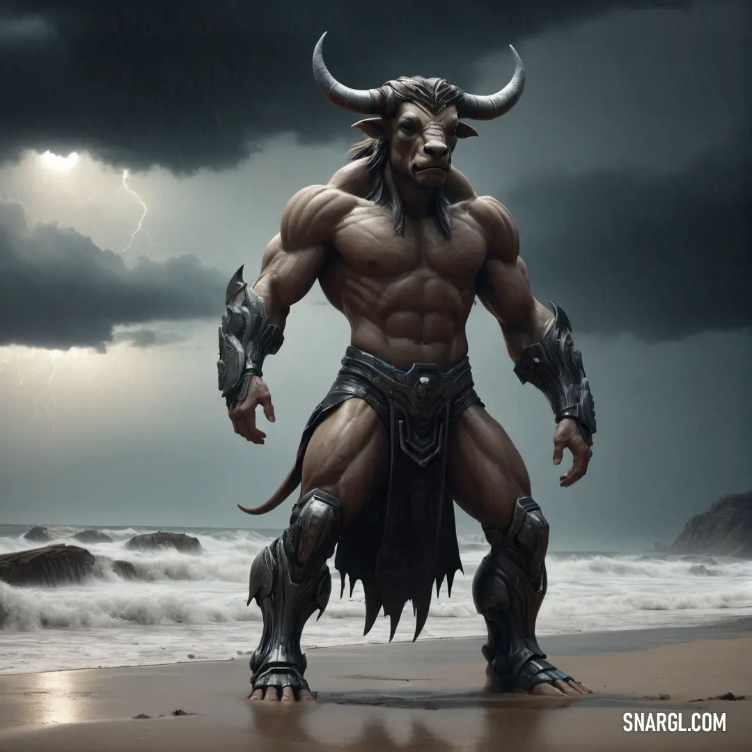Minotaur with a horned head and horns on a beach with a storm in the background