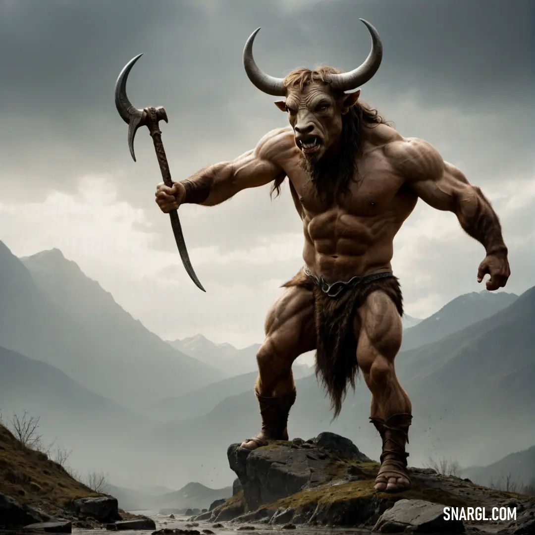 Minotaur with a horned head and two large horns holding a large axe on a rocky mountain side with a valley in the background