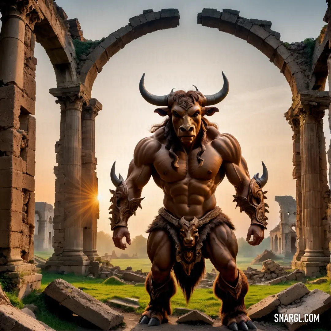 Minotaur with a horned head and horns standing in front of an arch with columns and a sun setting