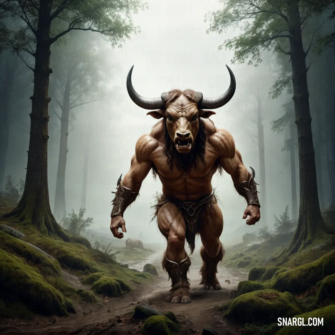Minotaur with a horned head and horns walking through a forest with mossy rocks and trees in the background