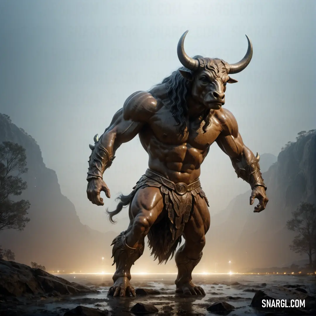 Minotaur with a horned head and horns standing in a body of water with mountains in the background