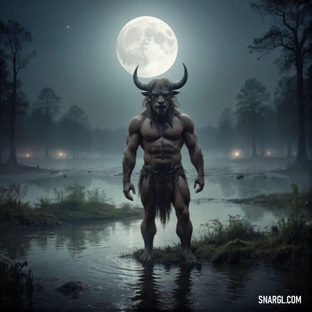 Minotaur with a horned head standing in a body of water with a full moon in the background
