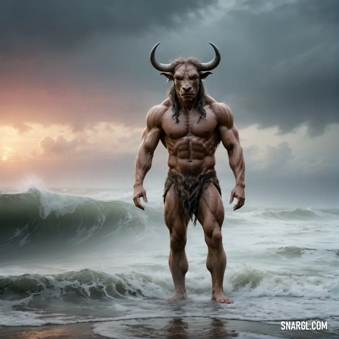 Minotaur with a horned head standing in the ocean with a wave behind him and a sky background with clouds