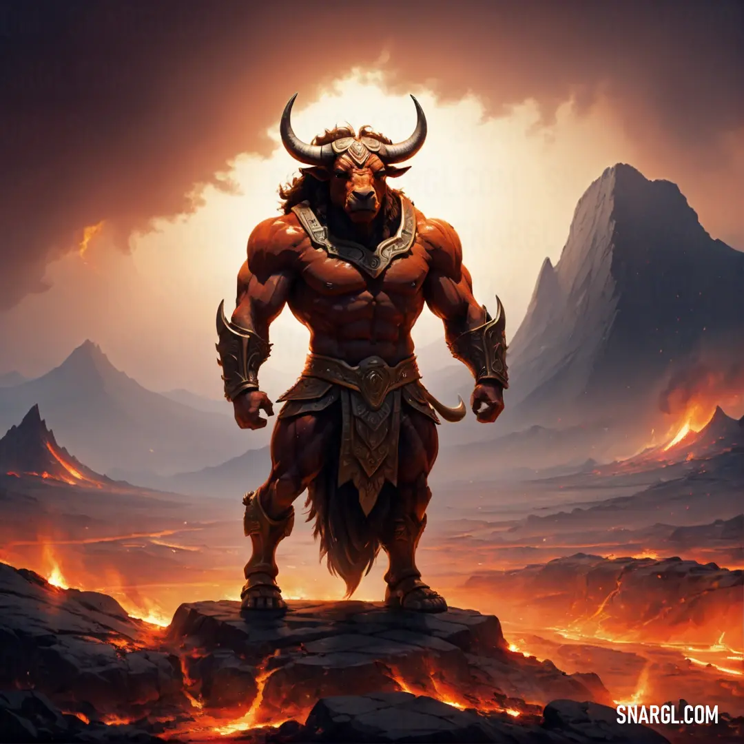 Minotaur with horns and a horned face standing on a rocky area with a mountain in the background