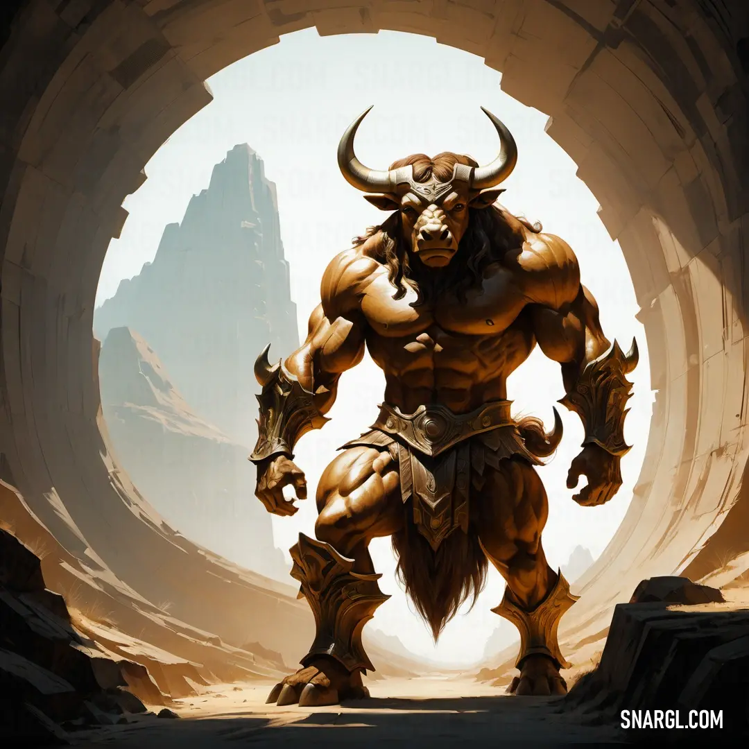 Minotaur with horns and a horned face standing in a cave with a mountain in the background