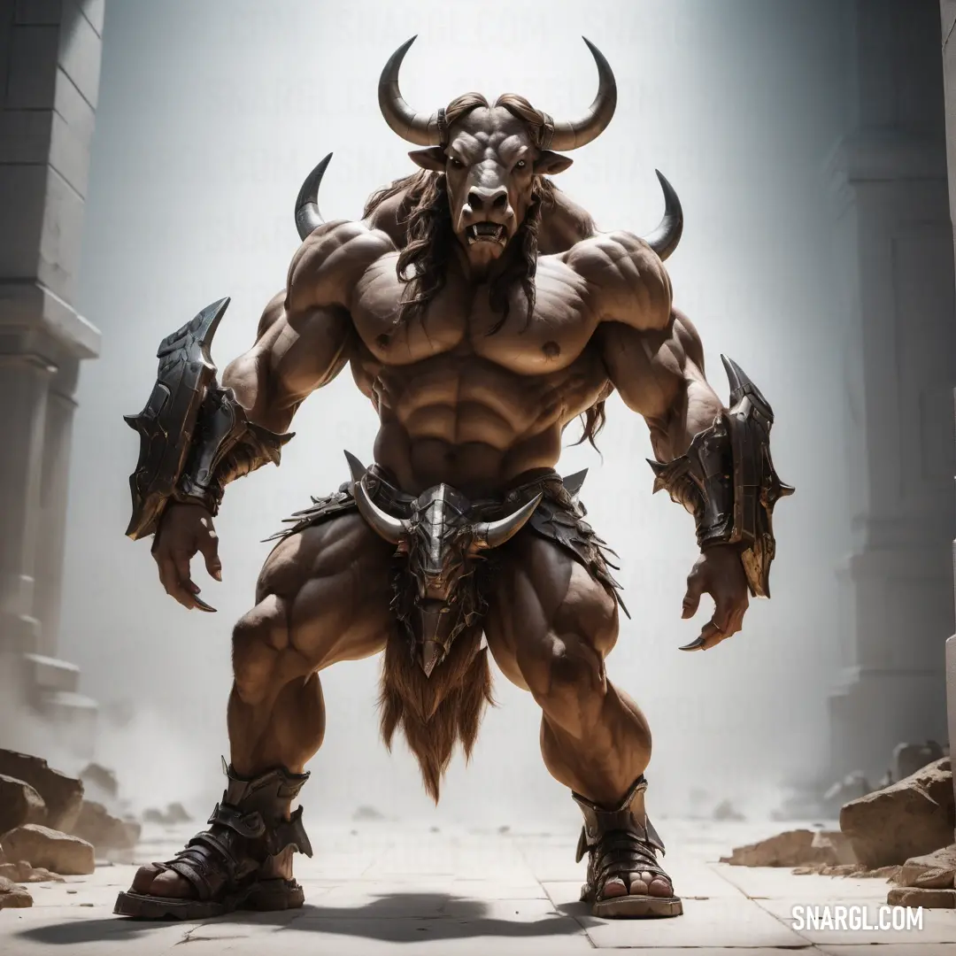 Minotaur with horns and horns standing in a courtyard with a large Minotaur like body and head on his chest