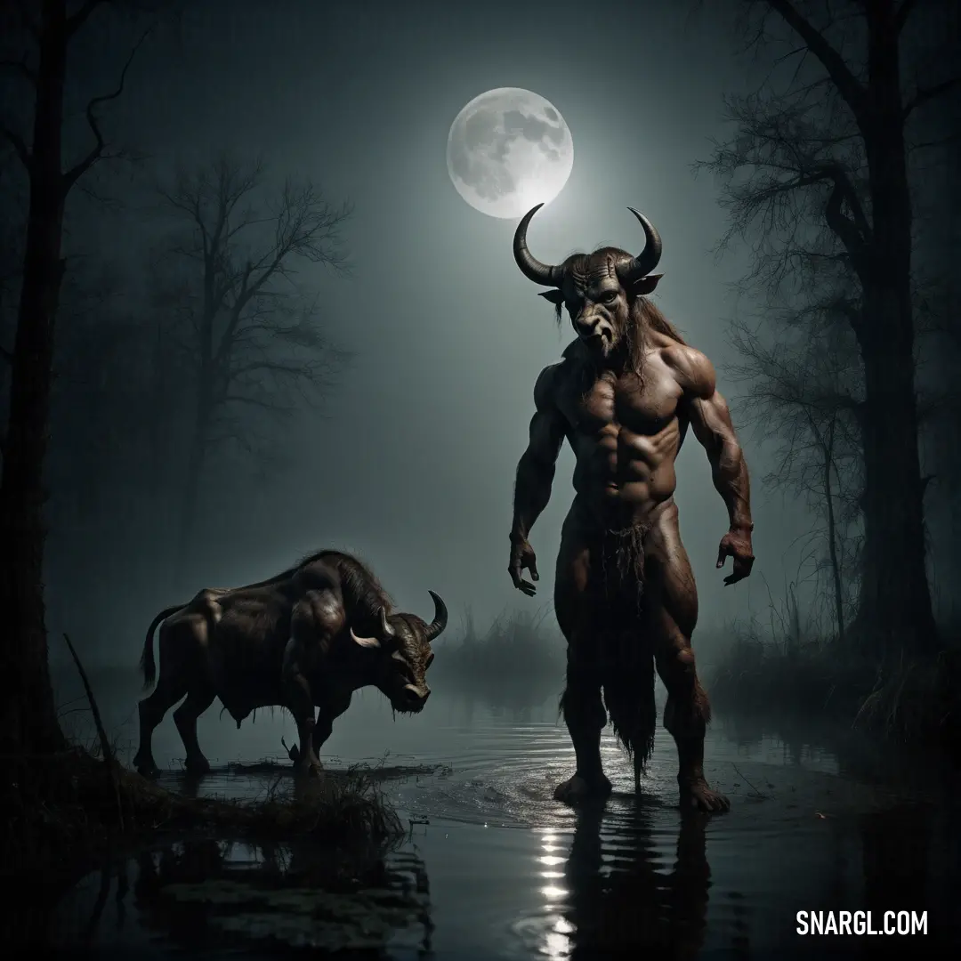 Minotaur with horns and a horned face walking through a swampy area with a cow in front of him