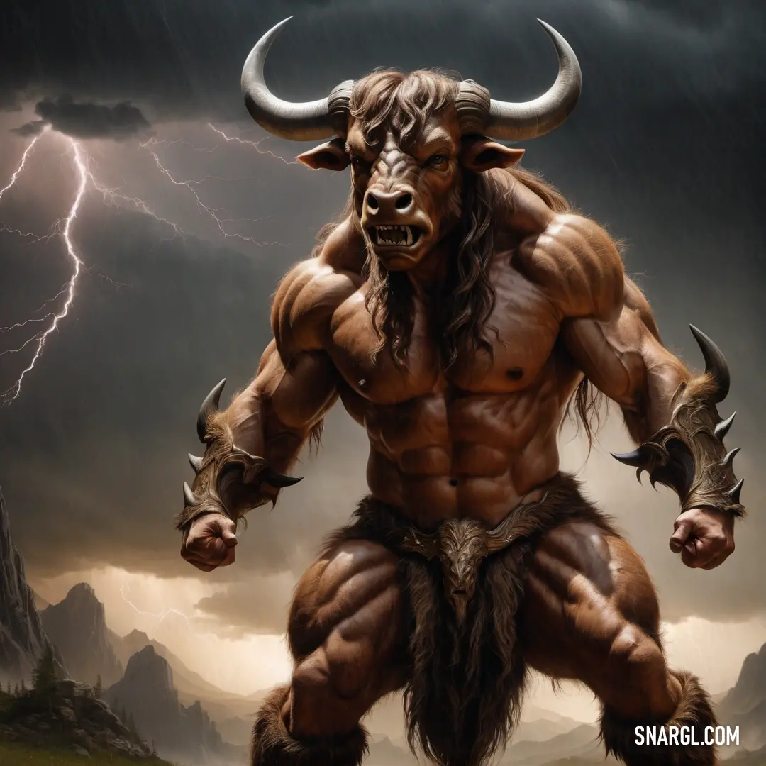 Painting of a bull with horns and a huge body of body paint on it's face and shoulders
