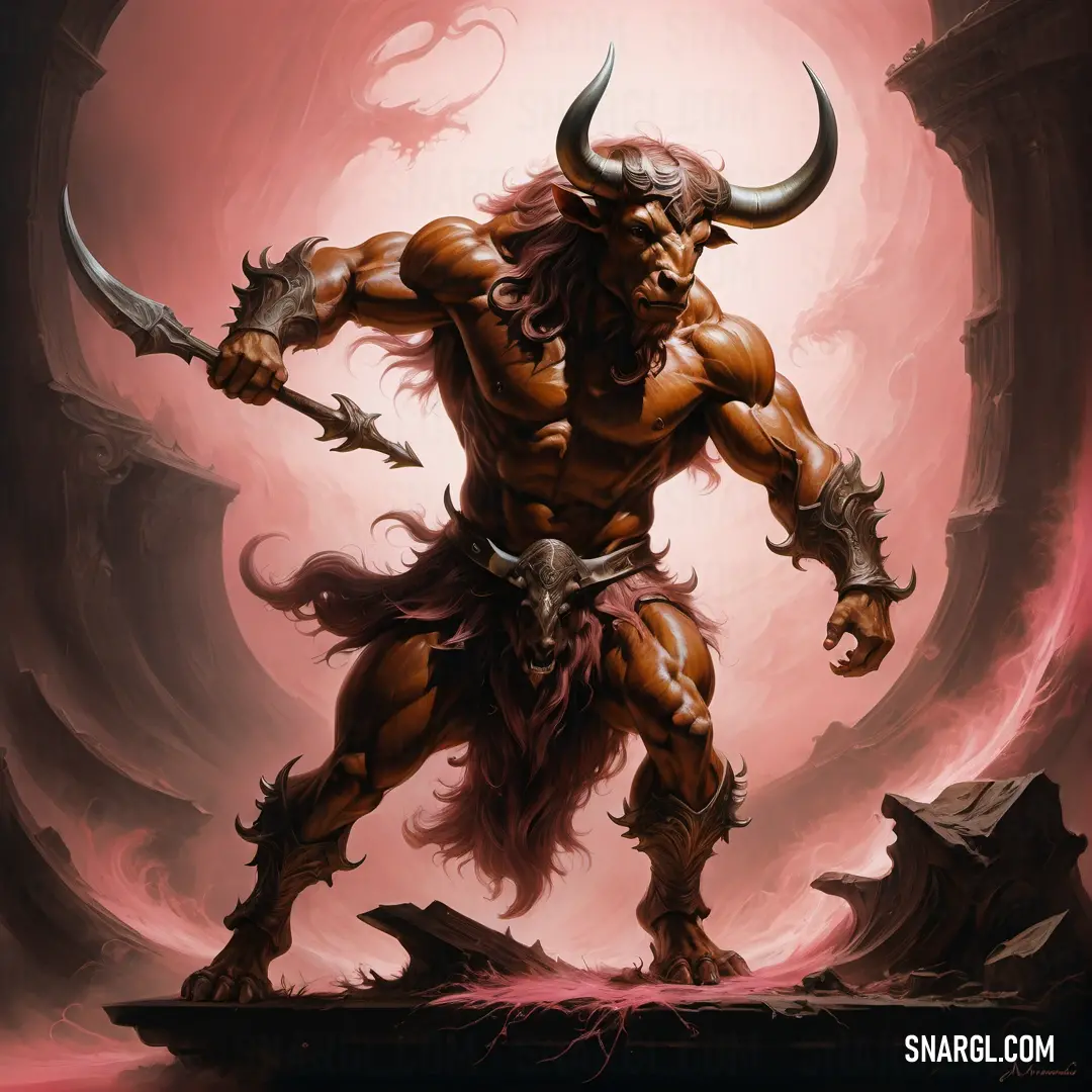 Painting of a Minotaur with a huge horned head and a sword in his hand