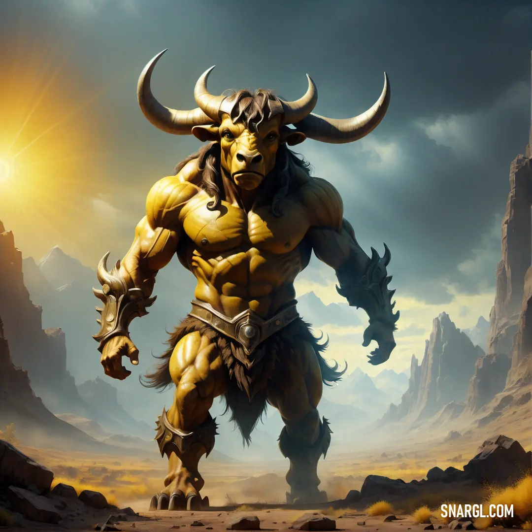 Painting of a horned male Minotaur with horns and horns on his head