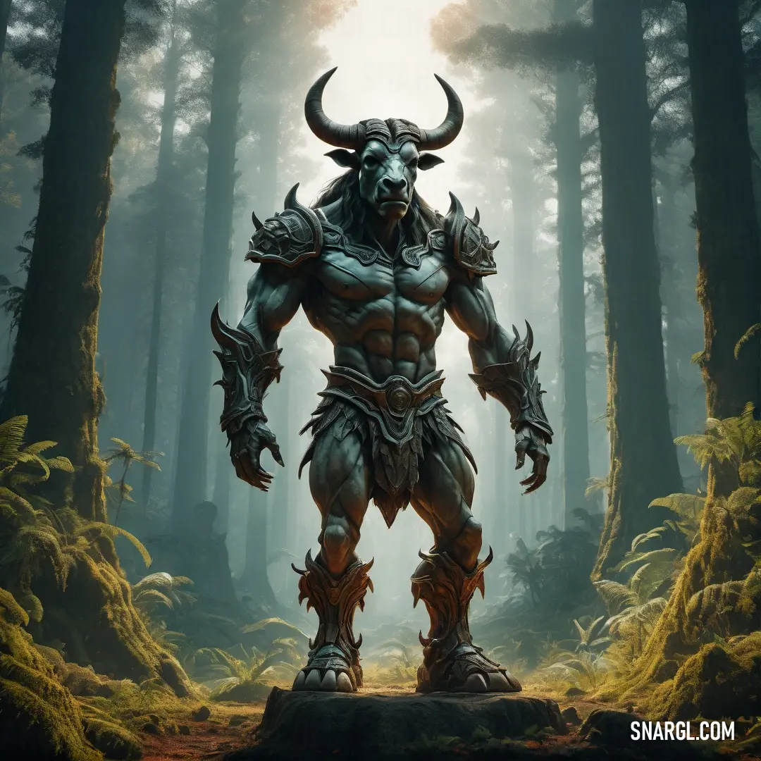 Painting of a horned male Minotaur standing in a forest with trees in the background and a sun shining through the trees