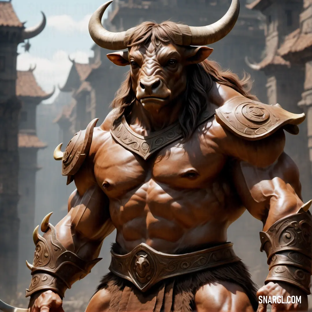 Statue of a bull with horns and a helmet on it's head and a sword in his hand