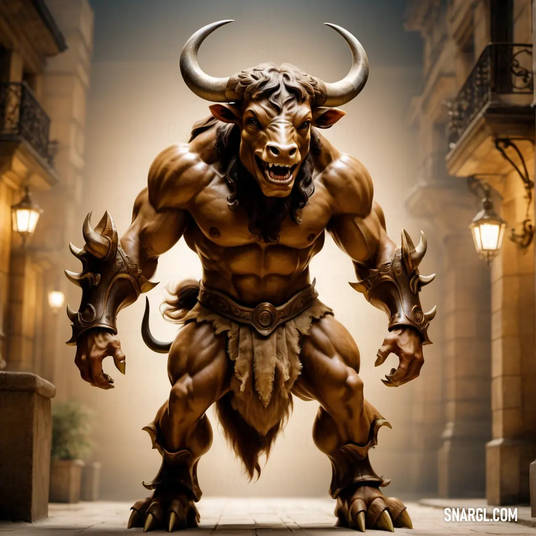 Statue of a Minotaur with horns and a beard and a beard on his head