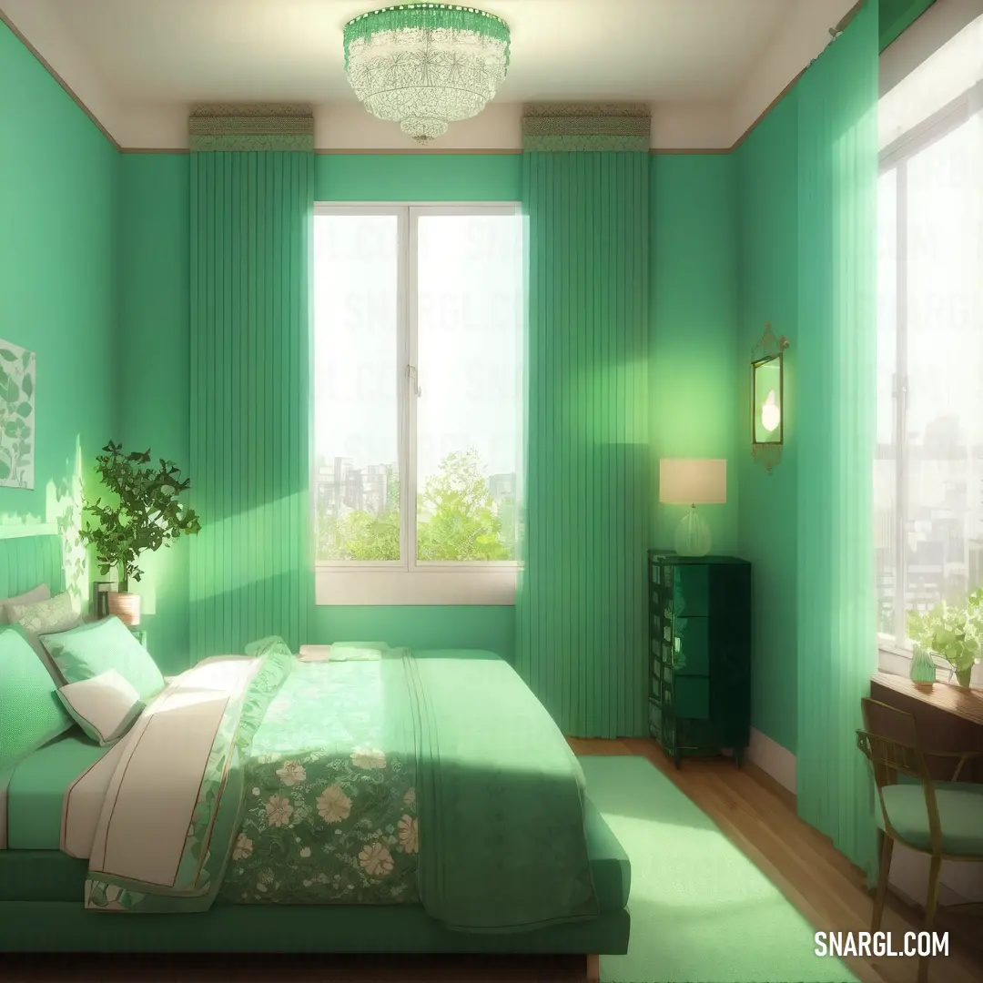 Bedroom with a green wall and a green bed and a green dresser and a window