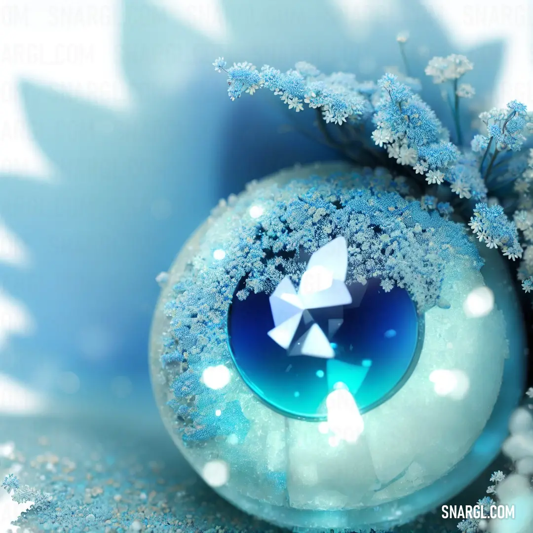 Blue ball with a white bow on it and snow flakes around it and a blue background
