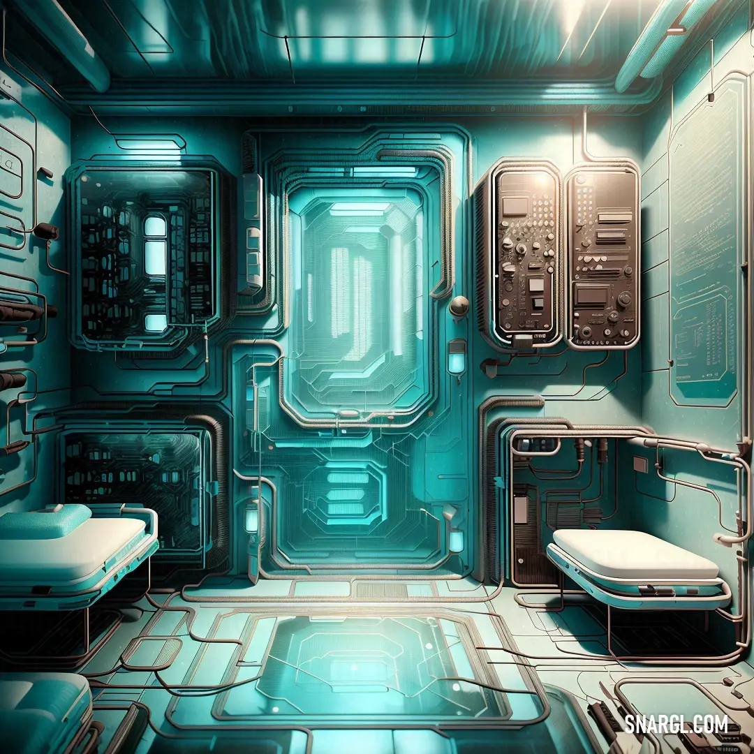 Futuristic room with a bed and a sink in it and a lot of mirrors and lights on the walls. Example of RGB 245,255,250 color.