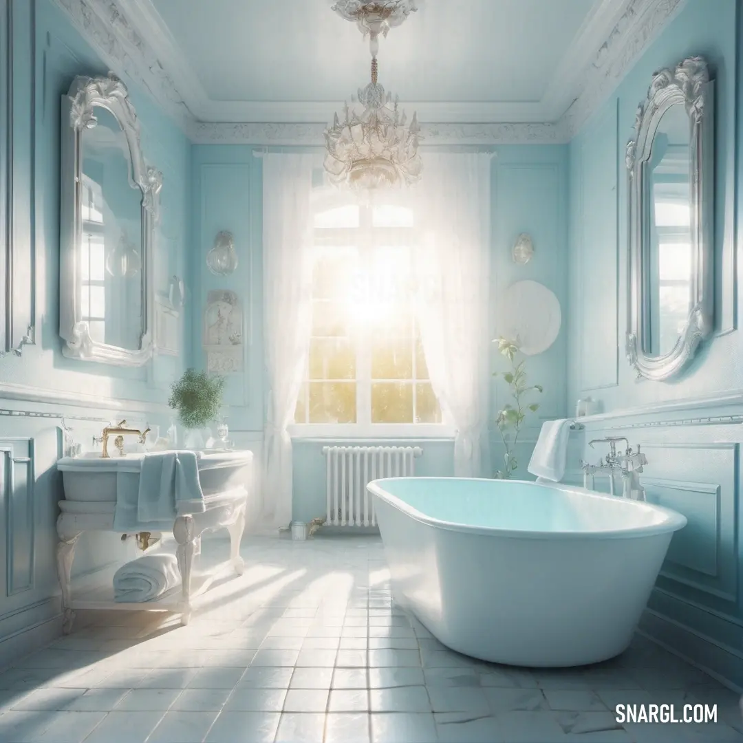 Bathroom with a tub, sink and mirror in it's center area with a chandelier. Color RGB 245,255,250.