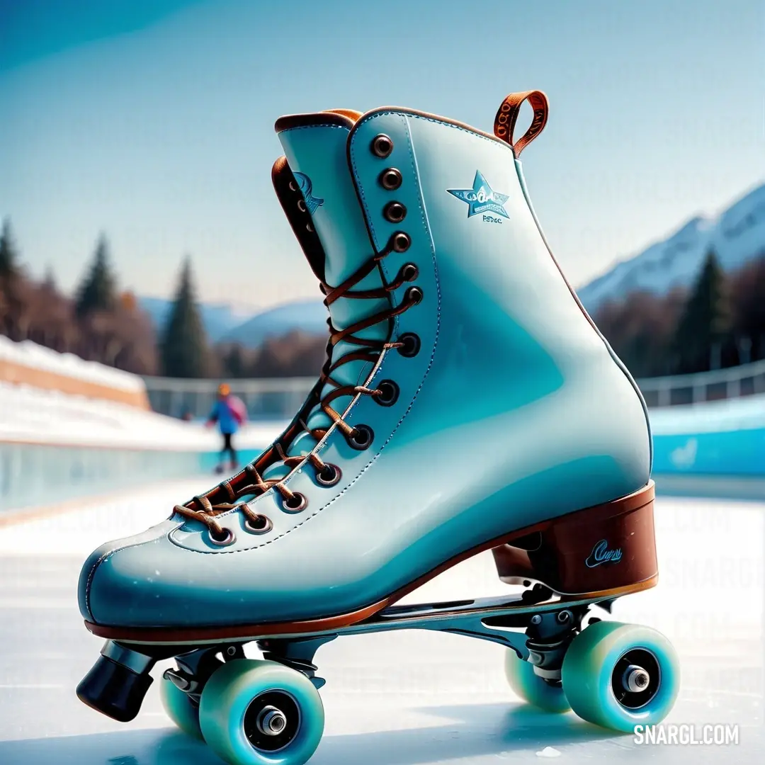 Pair of ice skates with blue and brown wheels on a skating rink with a person in the background. Example of Mint cream color.