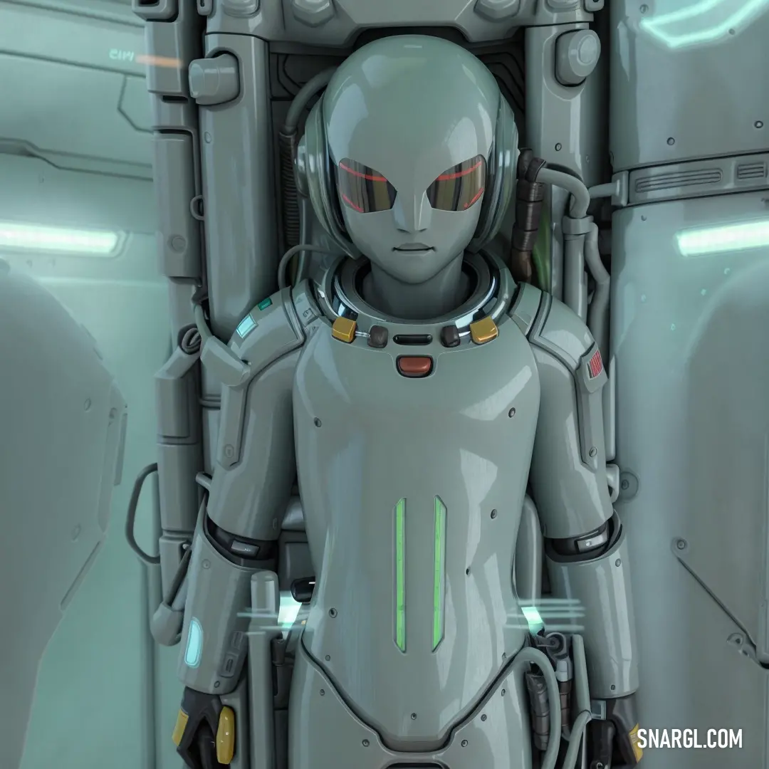 Robot standing in a doorway with his eyes closed and his arms folded out to the side of the door