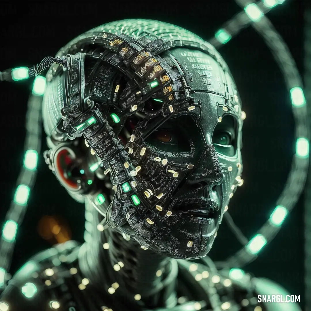 Robot with a futuristic face and green lights around it's head and body