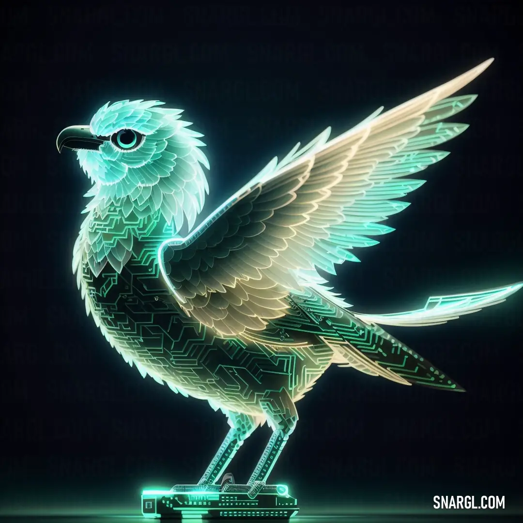 Bird with wings is standing on a platform with a black background and a green light behind it