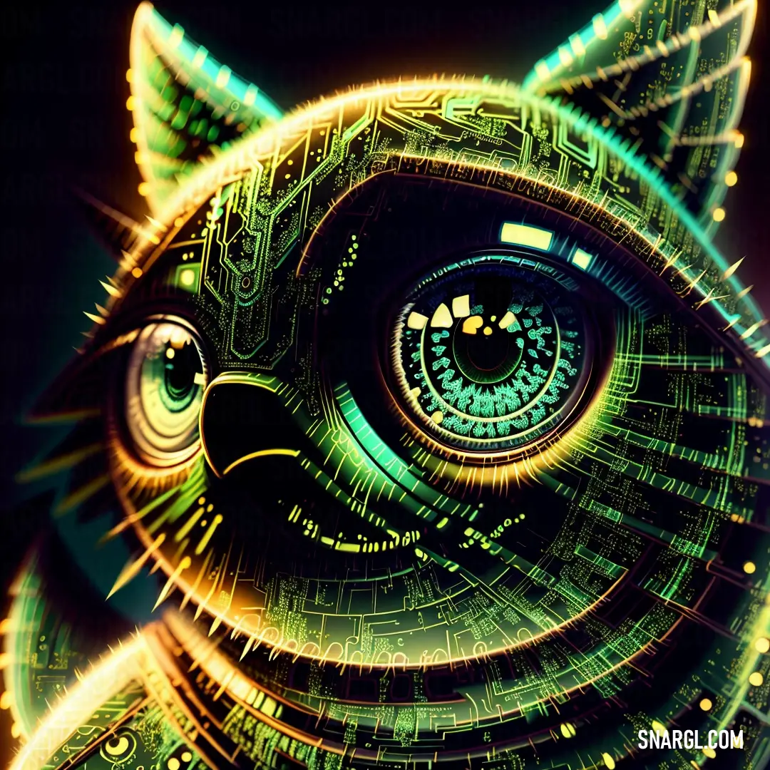 Digital painting of a cat's eye with a circuit board pattern on it's face and a green background