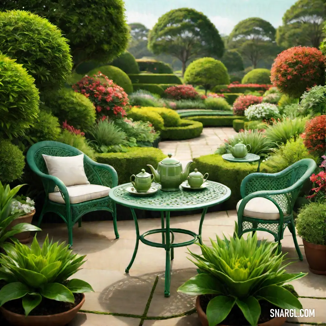 A cozy garden featuring a table and chairs surrounded by potted plants and colorful flowers. The mint green tones of the setting provide a refreshing and calm atmosphere.