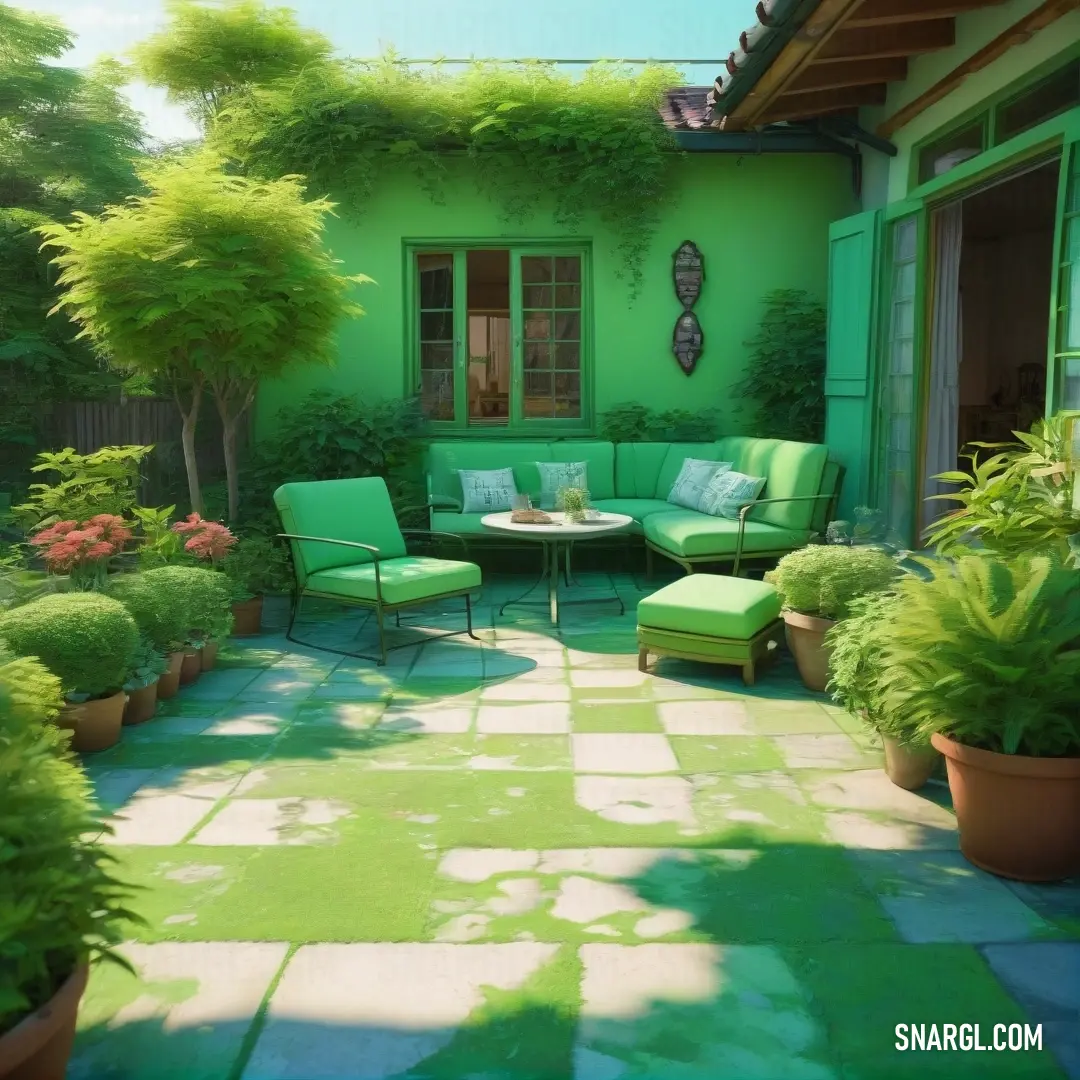 A lush green patio with a wooden table, matching chairs, and potted plants along the house’s side, complemented by a vibrant green wall that ties the space together with natural beauty.