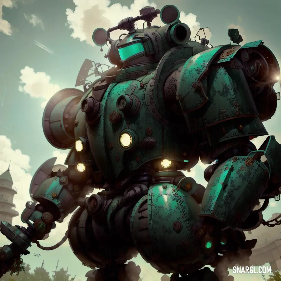 Large robot with glowing eyes standing in front of a cloudy sky with a tower in the background