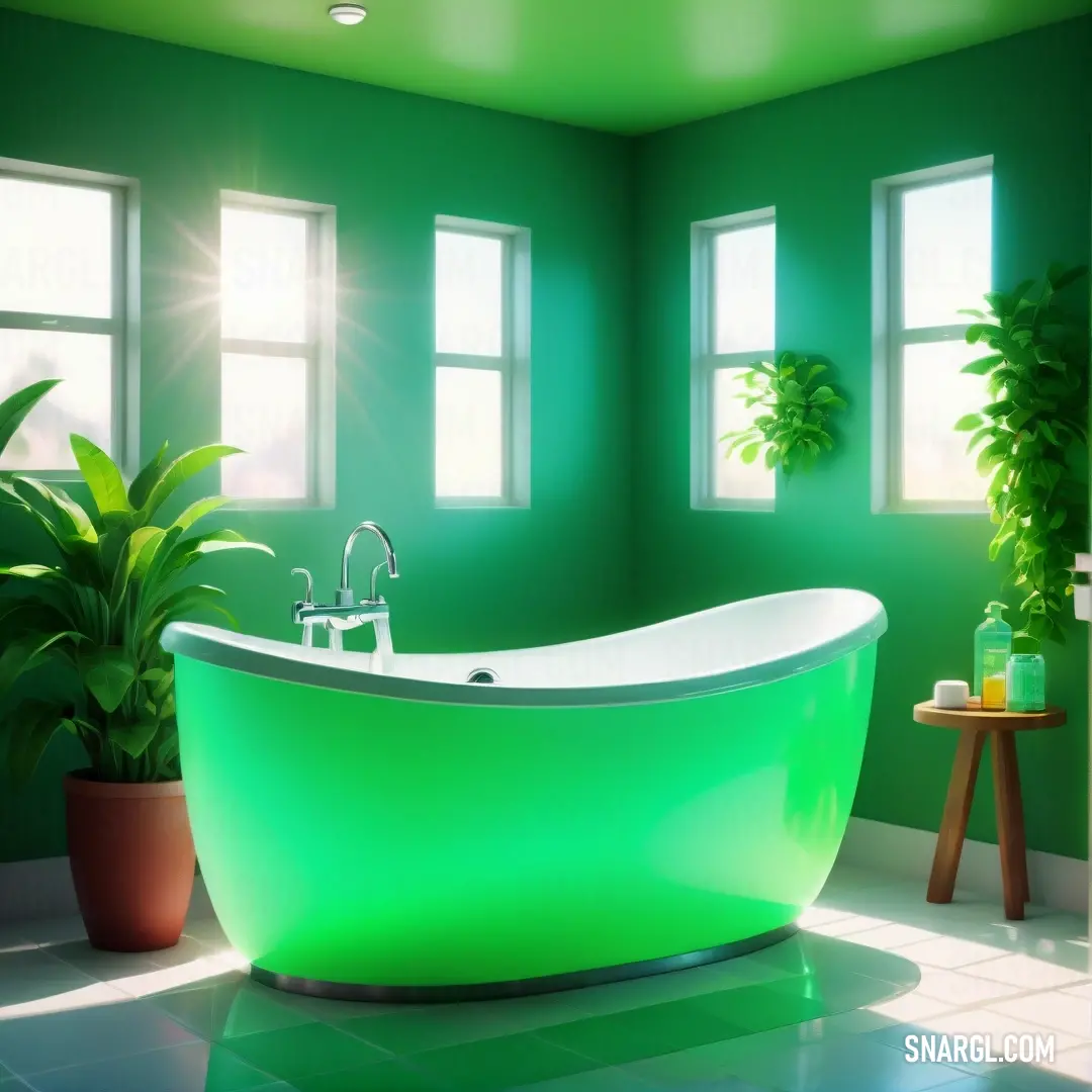 Mint green color example: Bathroom with a green tub and a plant in the corner of the room and a window with bright sunlight shining in