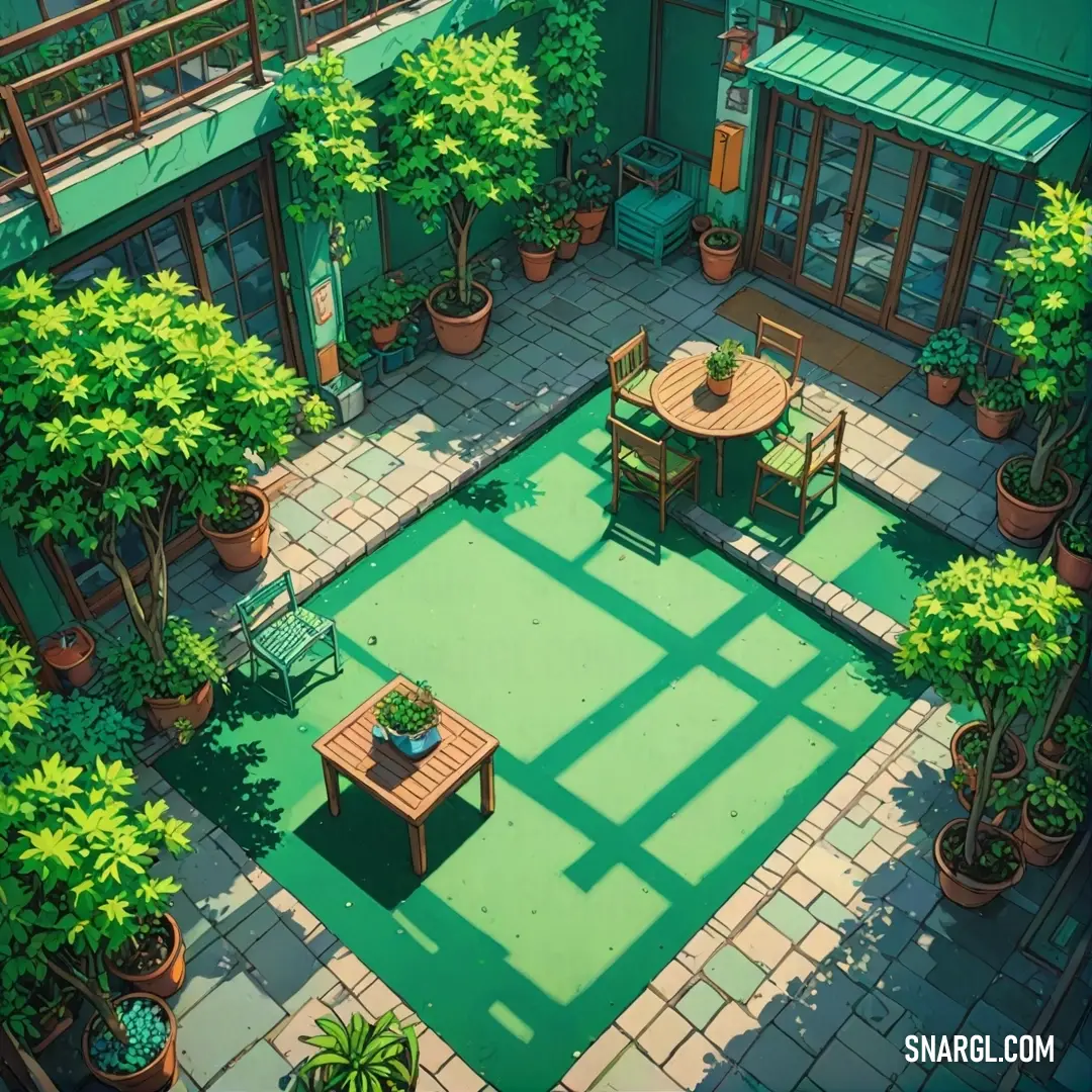 A cozy courtyard featuring a wooden table with chairs and a bench surrounded by lush greenery. The vibrant CMYK color palette of 40,0,40,0 enhances the warm, inviting atmosphere of the outdoor space.