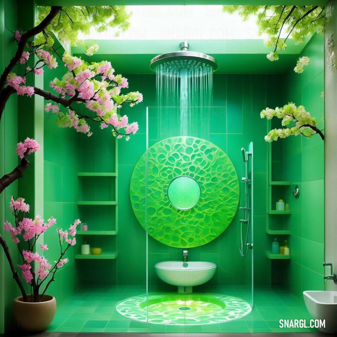 Mint green color example: Green bathroom with a shower and a toilet and sink with a green circular design on the wall and floor