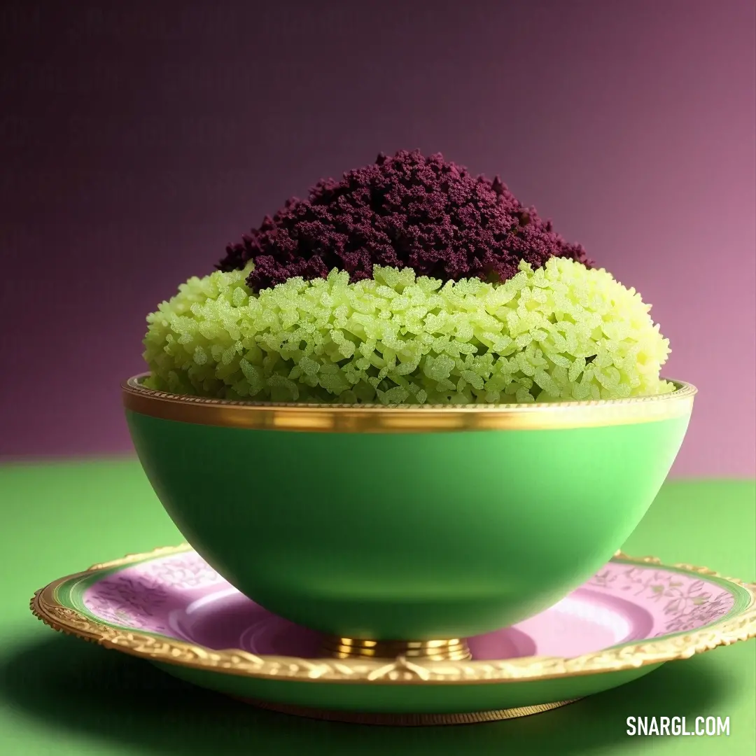 Green bowl filled with rice and purple flowers on a plate on a green tablecloth with a gold trim. Example of #98FF98 color.