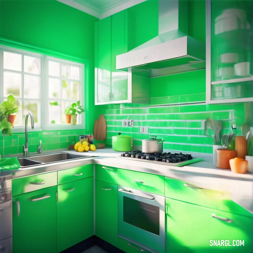 Kitchen with green walls and white counters and a stove top oven and sink with a potted plant on the counter. Example of Mint green color.