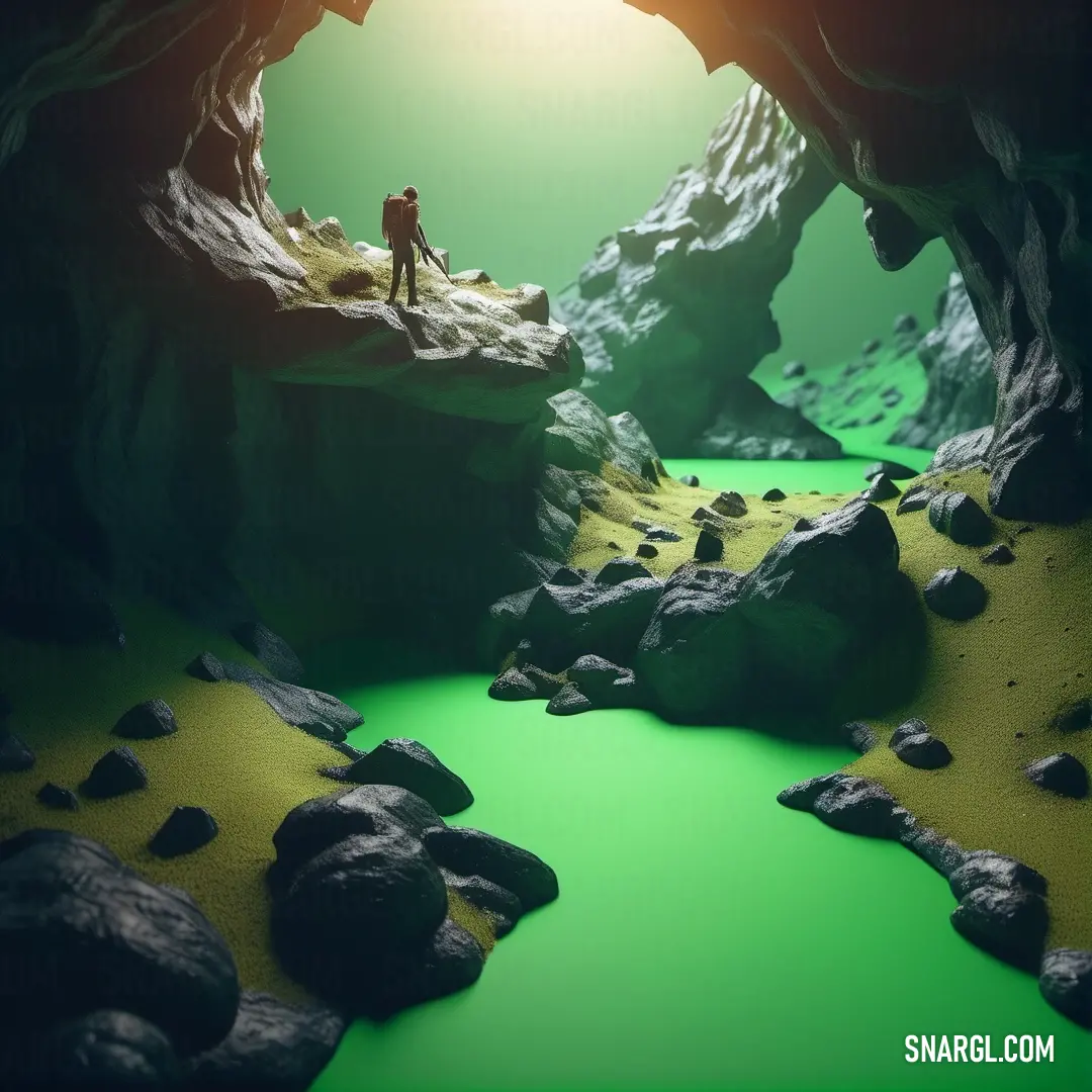 Man standing in a cave looking at the sun through the cave door. Example of #98FF98 color.