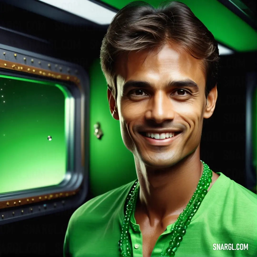 Mint green color example: Man with a green shirt and a green necklace smiling at the camera with a green screen behind him
