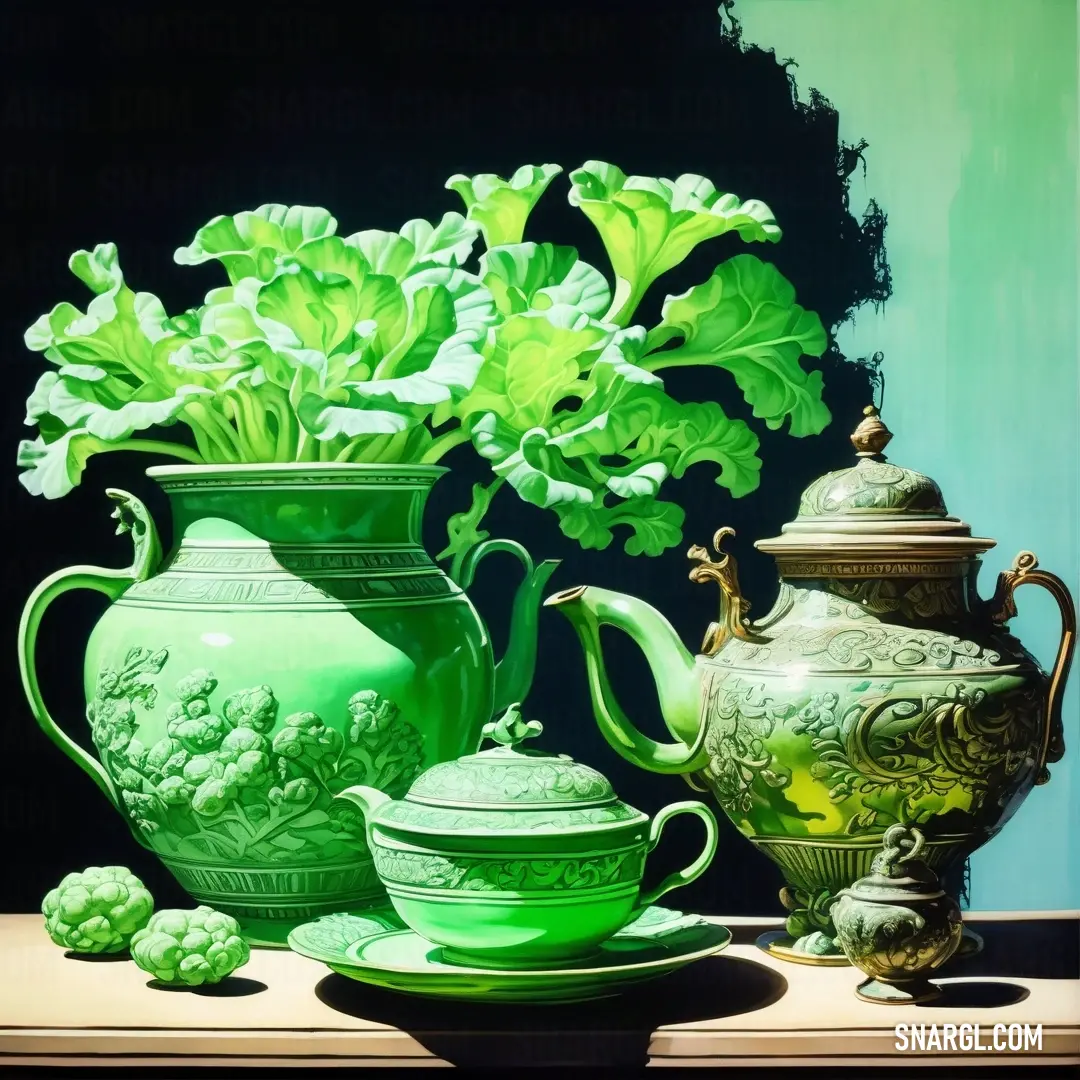 Painting of a green vase with flowers and a teapot on a table with a plate and a bowl. Example of RGB 152,255,152 color.