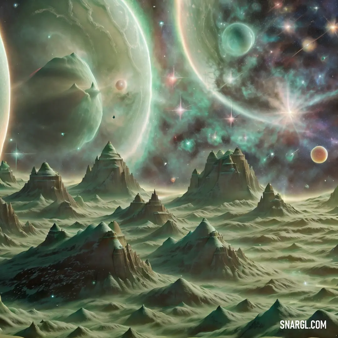 Painting of a landscape with mountains and planets in the background and stars in the sky above it