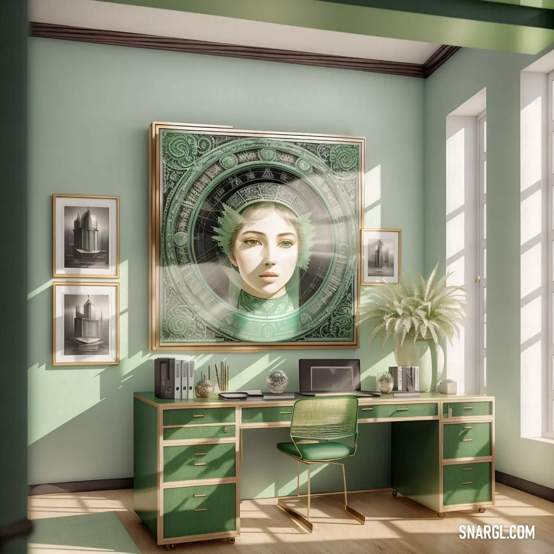Painting of a woman is hanging on the wall of a room with a desk