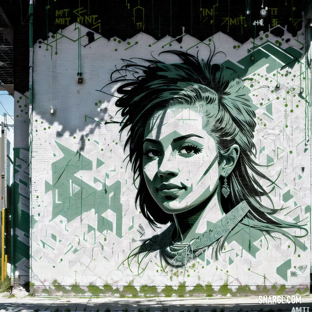 Painting of a woman with a mohawk on a wall in a city area with graffiti on it and a green and white background