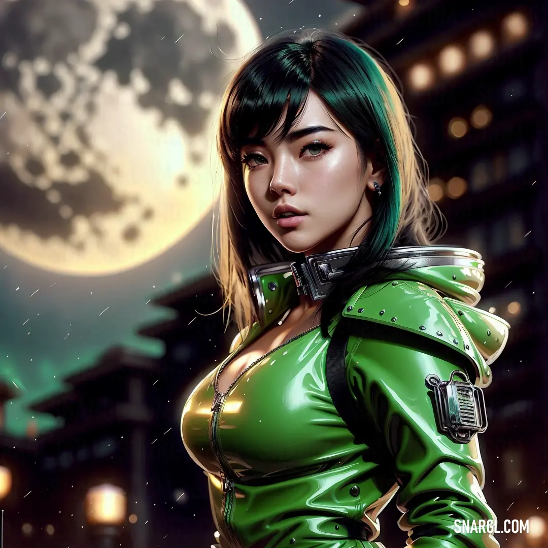 Woman in a green leather outfit standing in front of a full moon