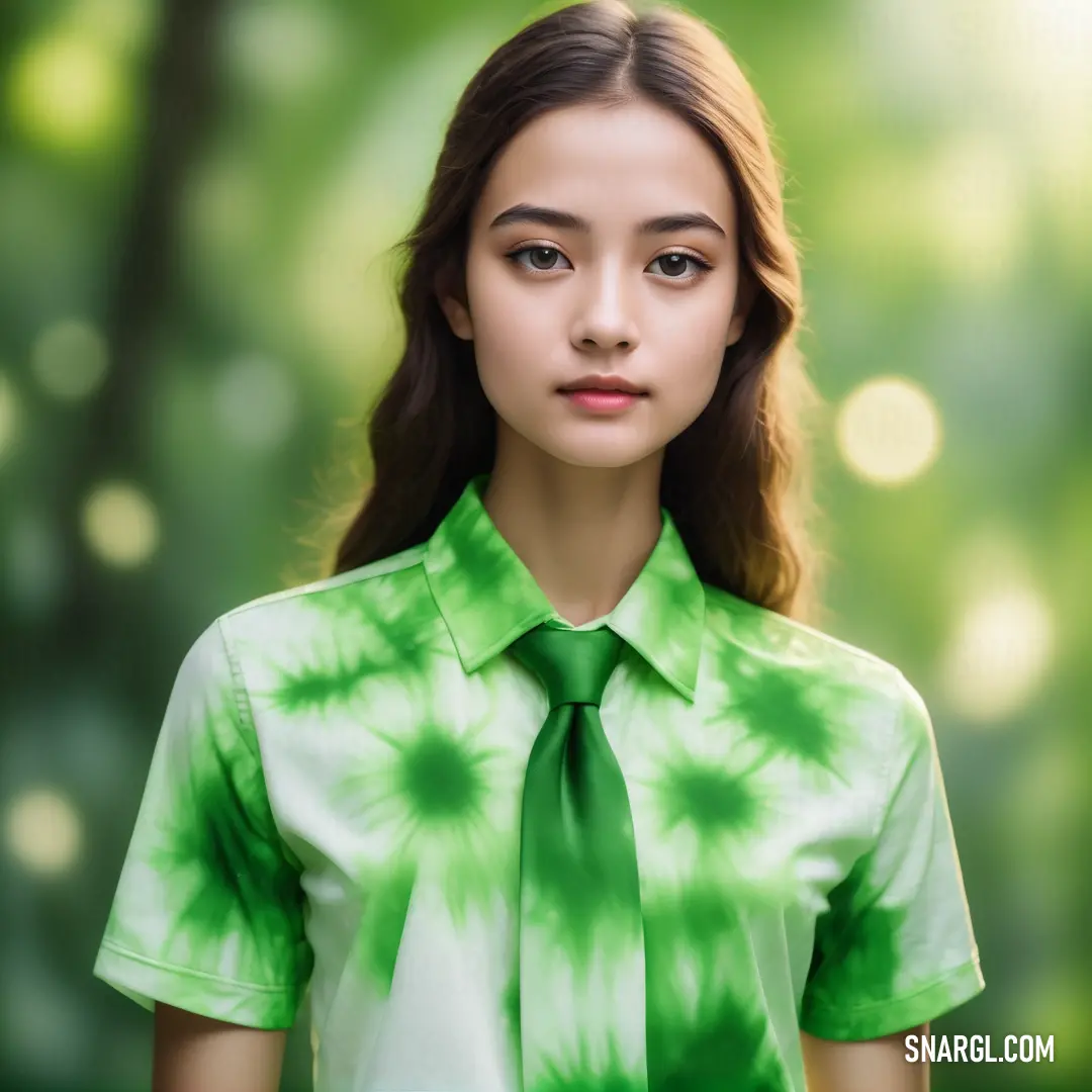 Woman wearing a tie and a green shirt and green pants and a green background