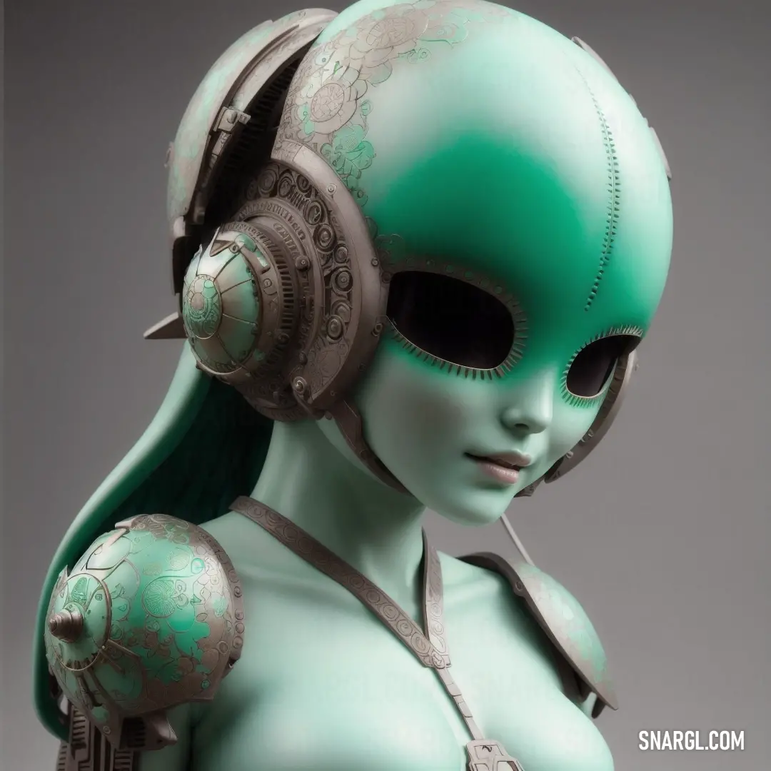 Woman with a green alien headpiece and headphones on her head