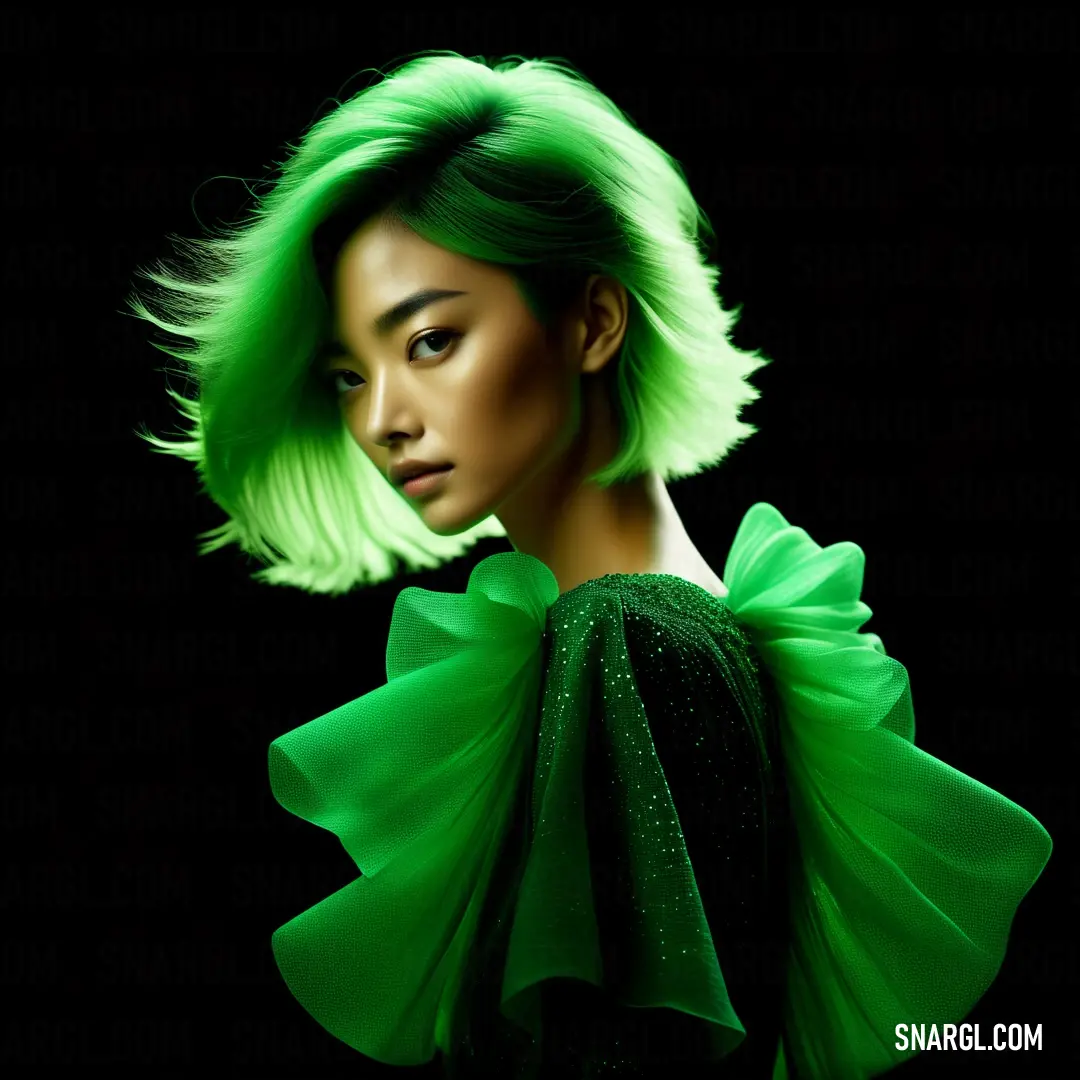 Woman with green hair and a green dress on a black background
