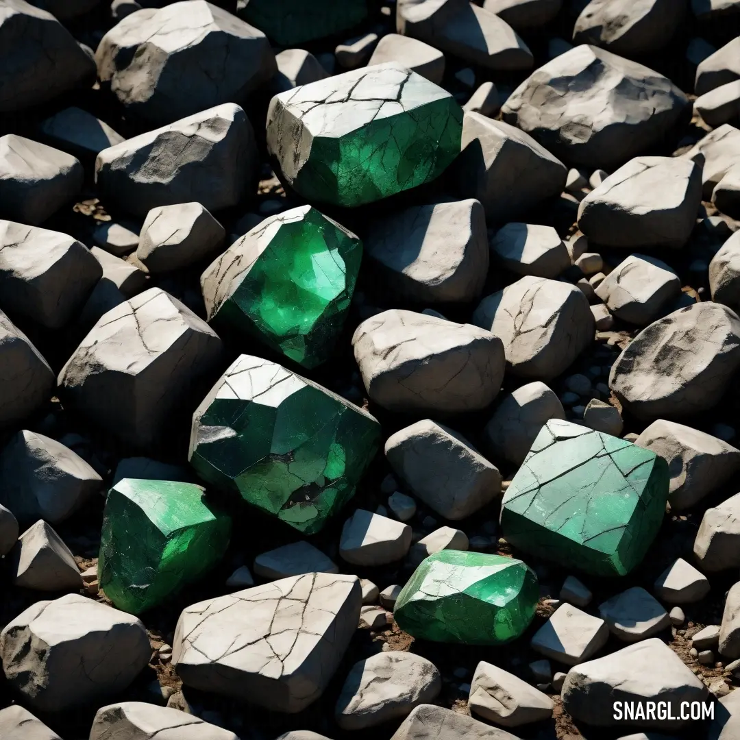 Bunch of rocks that are green and white with some rocks on them. Example of CMYK 66,0,24,29 color.