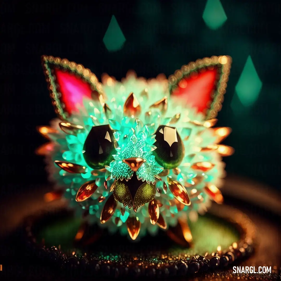 Cat made of glass and jewels on a table top with a green background and a black diamond necklace