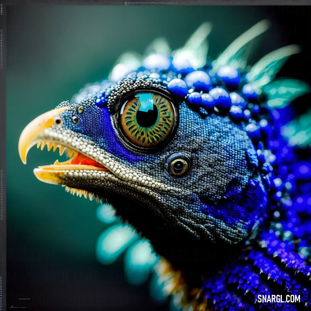 Close up of a bird with a big eyeball in its beak and a black background