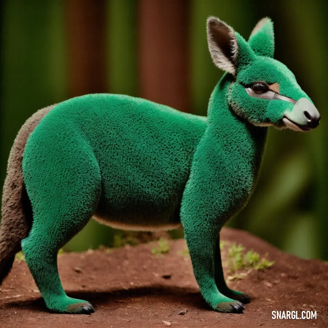 Green toy kangaroo standing on a dirt ground with a green background